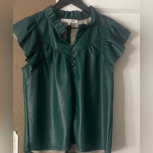 Melissa Nepton Faux Leather Ruffle Sleeve Teal Top Medium